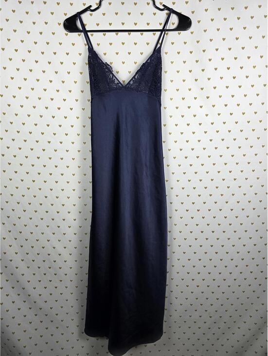 Victoria's Secret Dresses & Skirts - Victorias Secret LARGE Dark Blue Satin Maxi Silky Dress Full Length Sheer Side